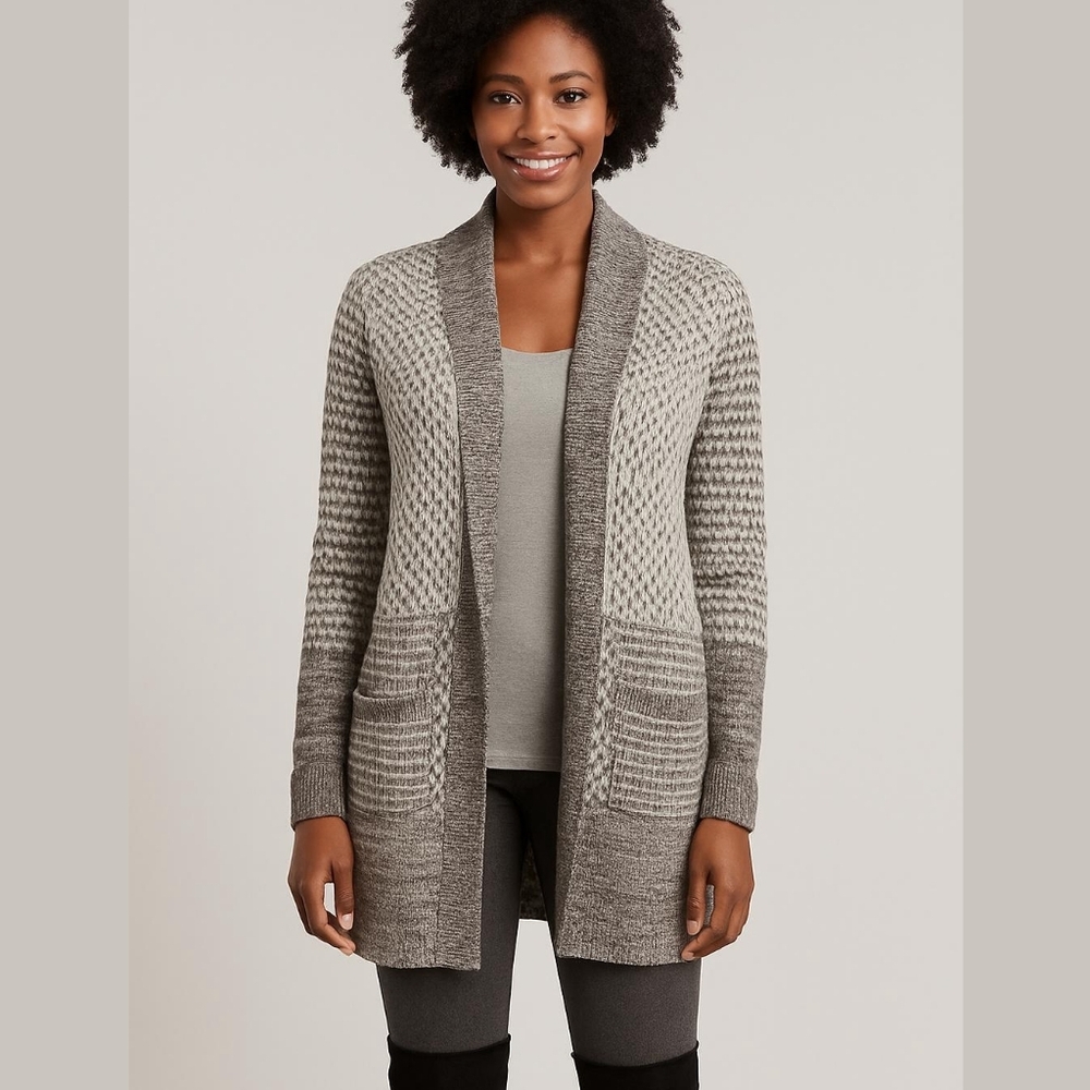 Isaac Mizrahi Gray & White Knit Open Cardigan XS